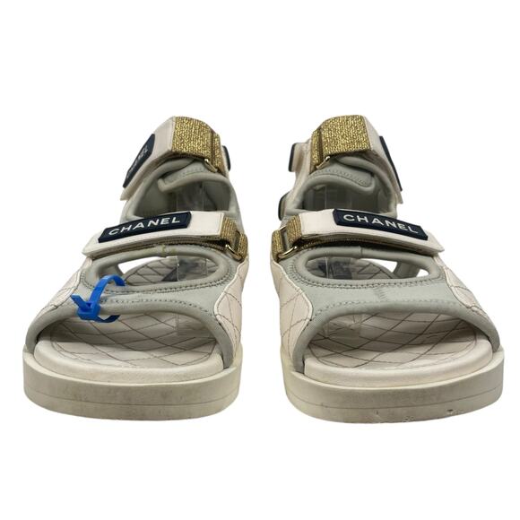 Chanel Goatskin Fabric Quilted Gladiator Dad Sandals White Gray Size 41C - Picture 5 of 13